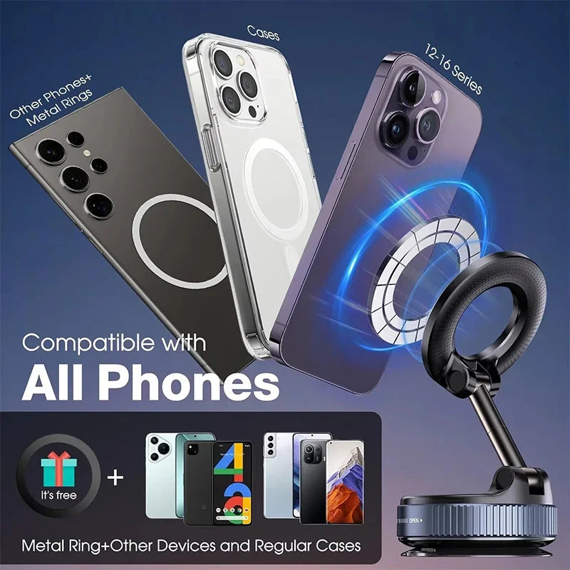 MagSnap™ Suction Magnetic Phone Holder – 360° Adjustable MagSafe Car Mount